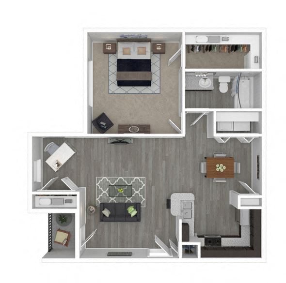 Floor plan for 1 bed, 1 bath, 750 sqft